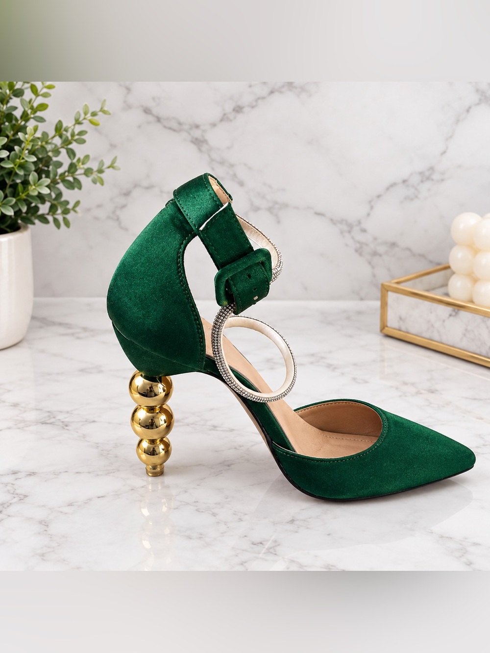 Emerald Green Suede Ankle-Strap Pump with Decorative Gold Heel